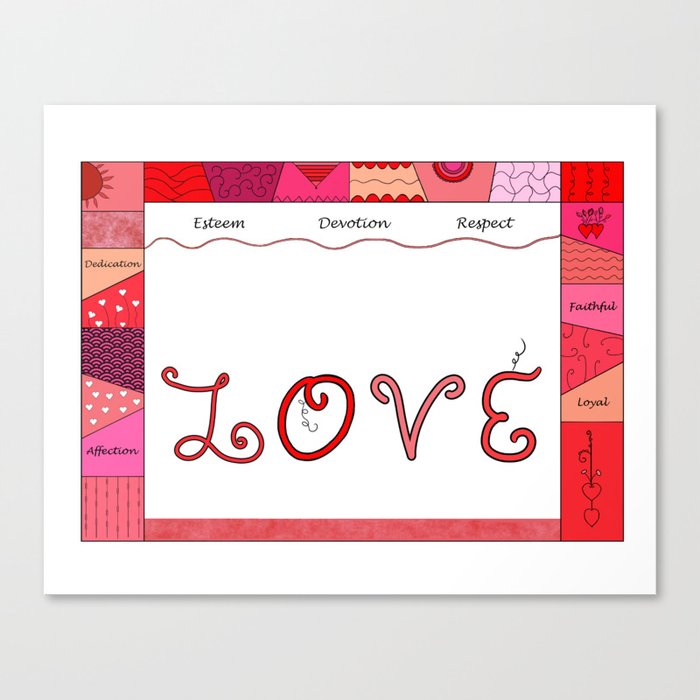 Love Words and Geometric Doodles in Shades of Red and Pink Canvas Print