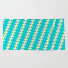 [ Thumbnail: Dark Turquoise and Tan Colored Stripes/Lines Pattern Beach Towel ]
