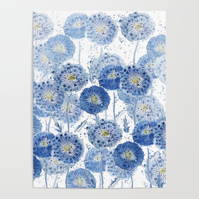 blue indigo dandelion pattern watercolor Poster