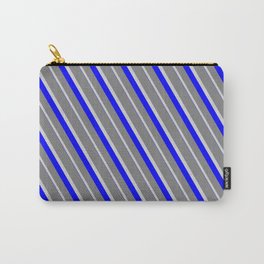 [ Thumbnail: Grey, Light Grey & Blue Colored Striped/Lined Pattern Carry-All Pouch ]