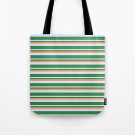 [ Thumbnail: Brown, Lavender, and Sea Green Colored Lines Pattern Tote Bag ]
