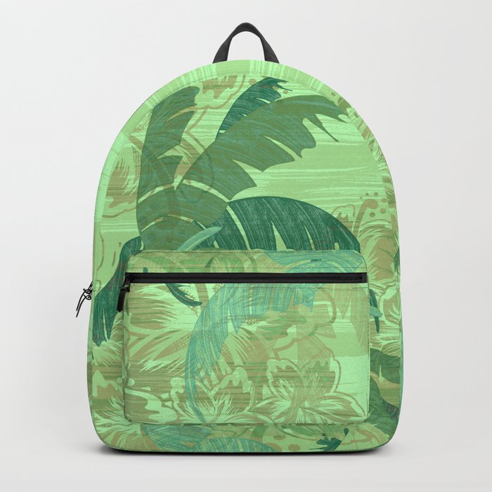 Polynesian Palm Trees And Hibiscus Shades Of Green Jungle Abstract Backpack