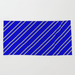 [ Thumbnail: Blue, Grey, and Dark Grey Colored Pattern of Stripes Beach Towel ]