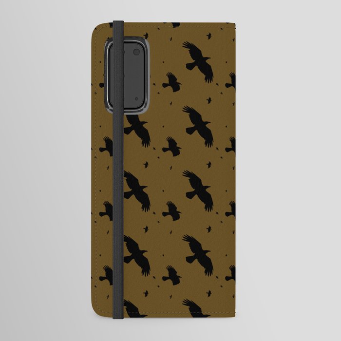 Crows or Ravens In Flight Black Silhouette Pattern On Ochre Android Wallet Case