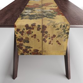 Red White Chrysanthemums Vintage Floral Japanese Gold Leaf Screen Table Runner