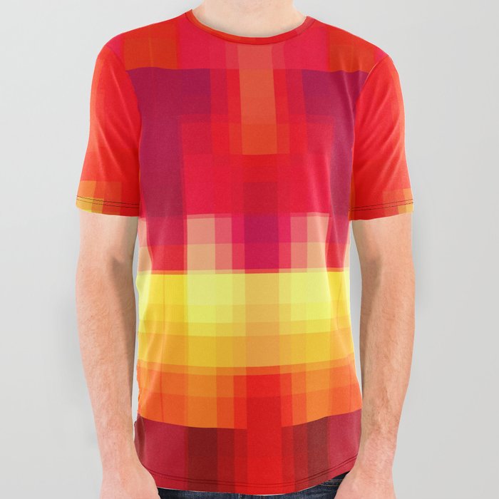 geometric symmetry art pixel square pattern abstract background in red yellow All Over Graphic Tee