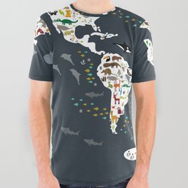 Cartoon animal world map for children, kids, Animals from all over the world, back to school, gray All Over Graphic Tee