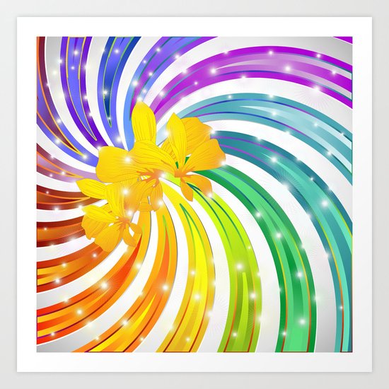 Exotic Flower on Rainbow Glitter Spiral Art Print