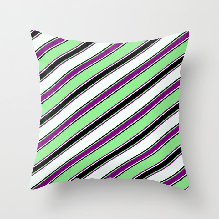Light Green, Purple, Mint Cream & Black Colored Lines Pattern Throw Pillow