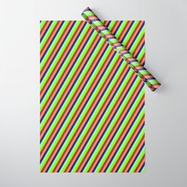[ Thumbnail: Vibrant Green, Chartreuse, Brown, Coral, and Midnight Blue Colored Lines/Stripes Pattern Wrapping Paper ]