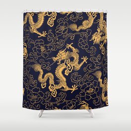 Chinese traditional golden dragon and peony hand drawn illustration pattern Shower Curtain