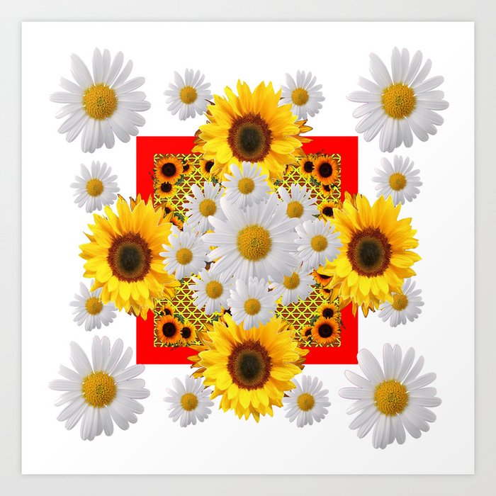 White Daisies Sunflowers Red Garden Floral Art Print By Sharlesart Society6