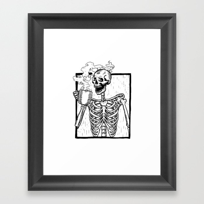 Skeleton Drinking a Cup of Coffee Framed Art Print