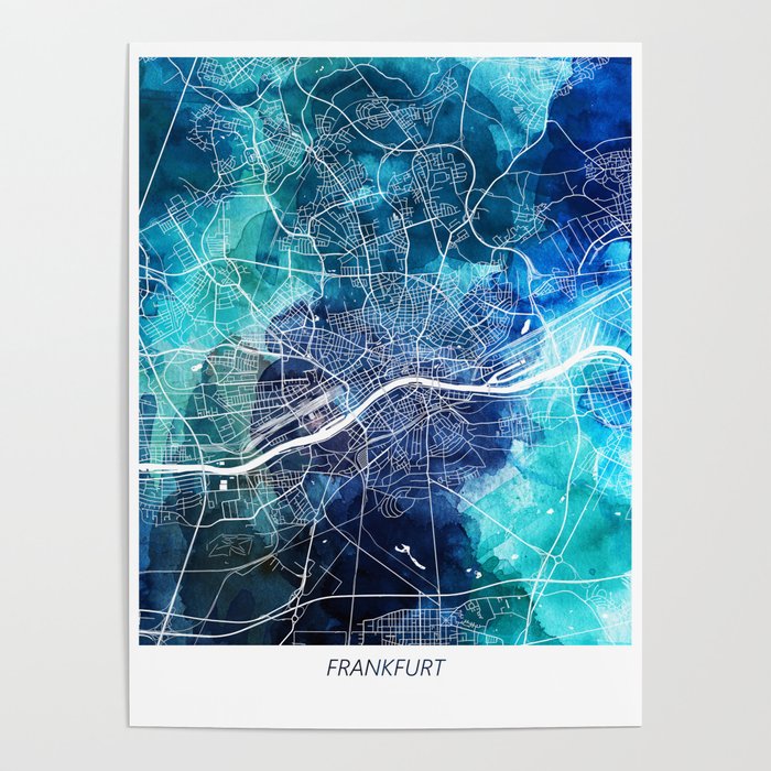 Frankfurt Germany Map Navy Blue Turquoise Watercolor Poster