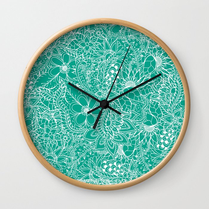 Modern trendy white floral lace hand drawn pattern on emerald green Wall Clock