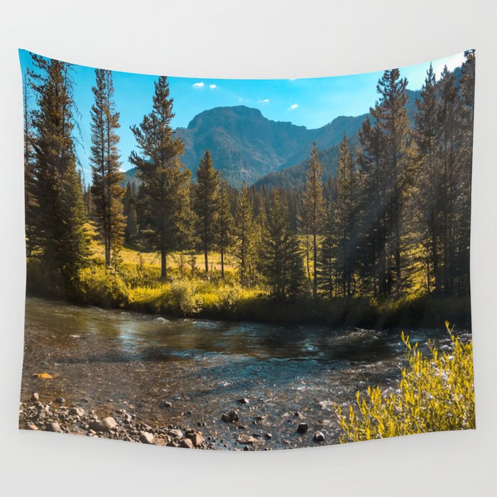 Yellowstone National Park River Hike Landscape Mountains Print Wall Tapestry