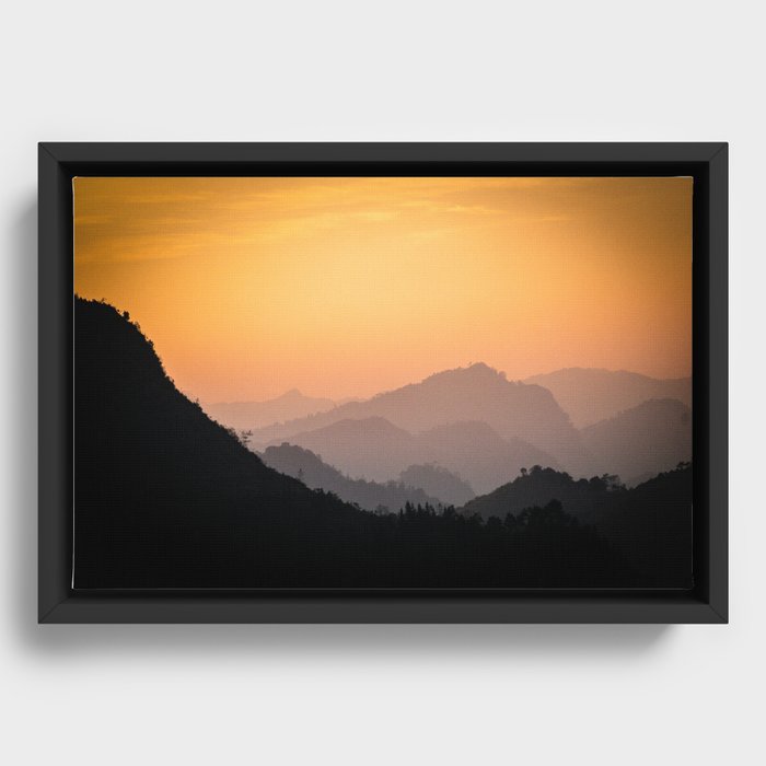 mountains at dusk Framed Canvas