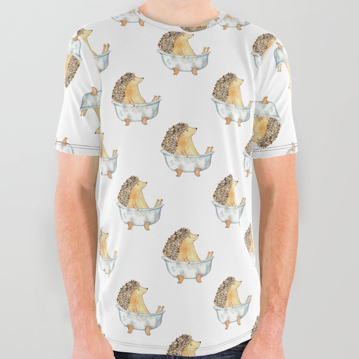 Hedgehog taking bath watercolor  All Over Graphic Tee