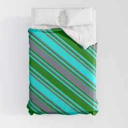 [ Thumbnail: Slate Gray, Green & Cyan Colored Stripes/Lines Pattern Duvet Cover ]