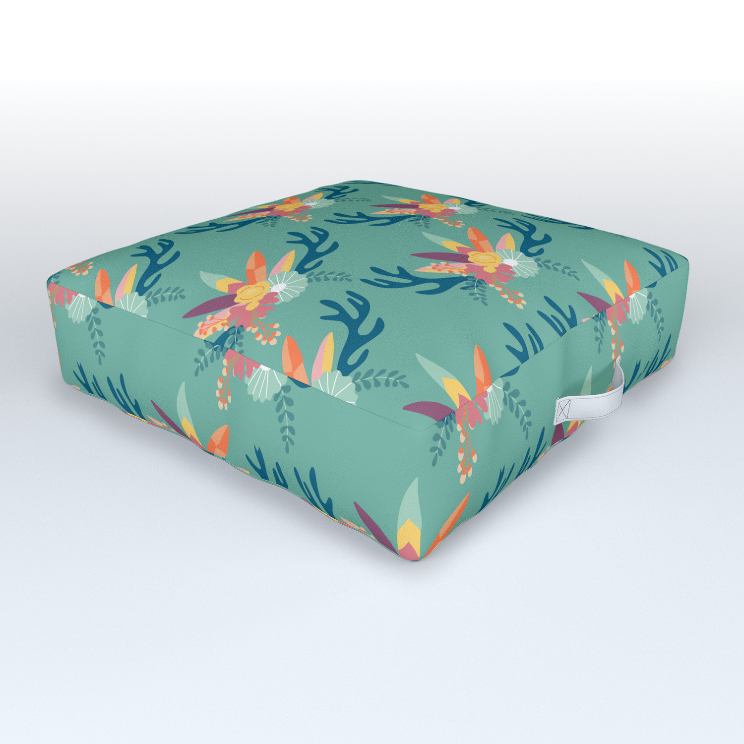Horns And Flowers In A Boho Pattern Design Outdoor Floor Cushion