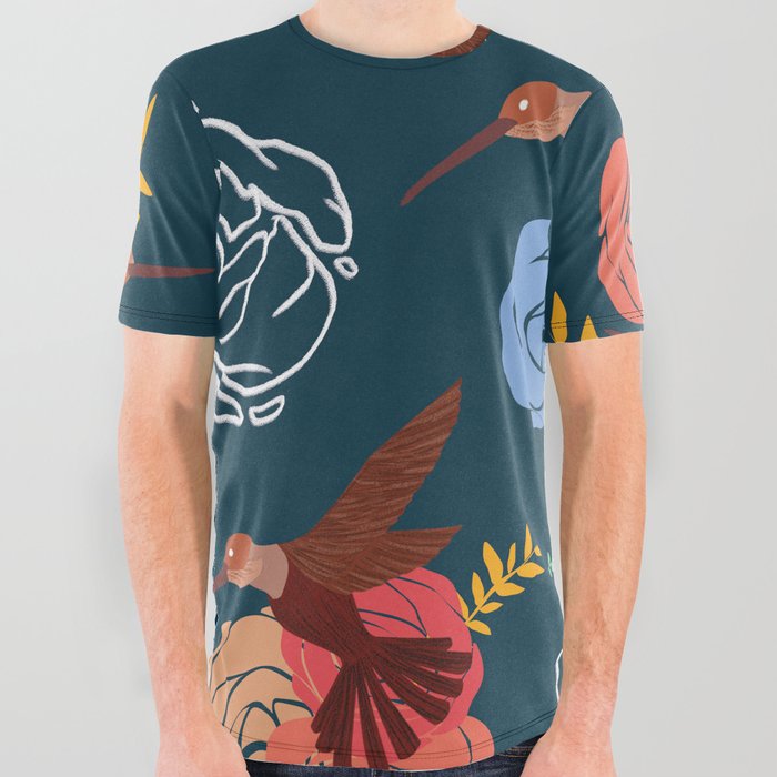 Hummingbird Print Bird Lover On Blue Background Pattern All Over Graphic Tee