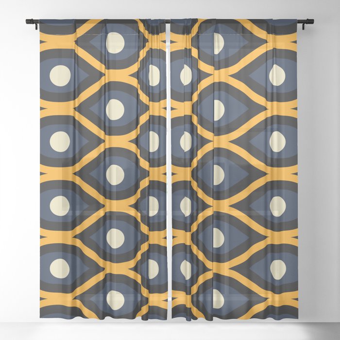 Groovy Abstract Colorful Retro Pattern - Dark Green and yellow Sheer Curtain