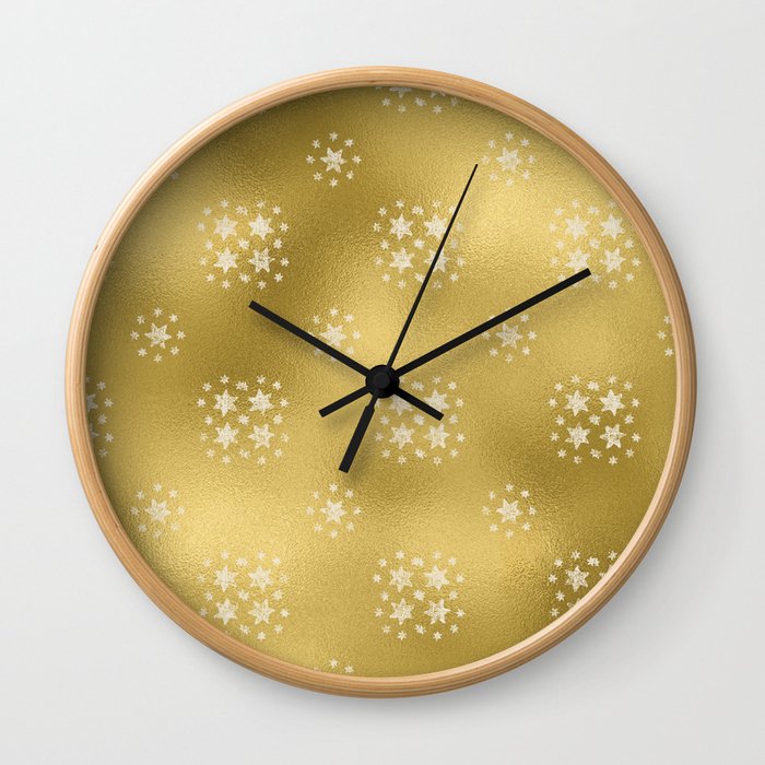 Merry christmas- white winter stars on gold pattern I Wall Clock
