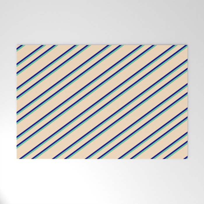 Bisque, Blue, and Aquamarine Colored Lines Pattern Welcome Mat