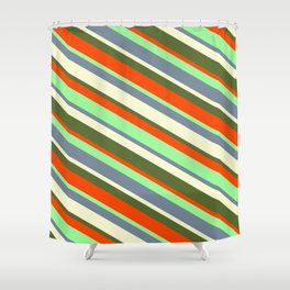 [ Thumbnail: Eyecatching Green, Light Slate Gray, Light Yellow, Dark Olive Green, and Red Colored Lined Pattern Shower Curtain ]