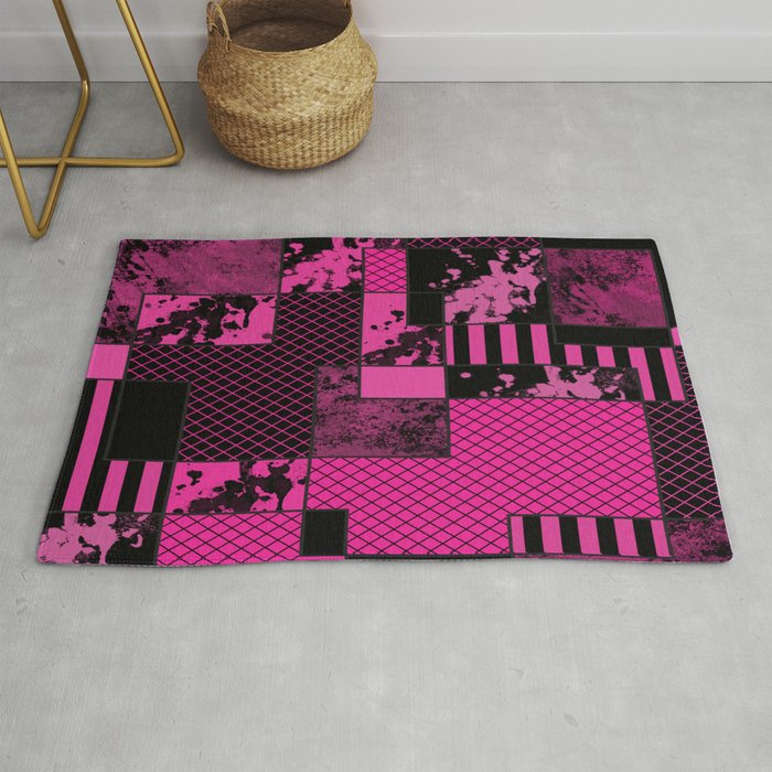 Pink And Black - Abstract, geometric, textured artwork Rug