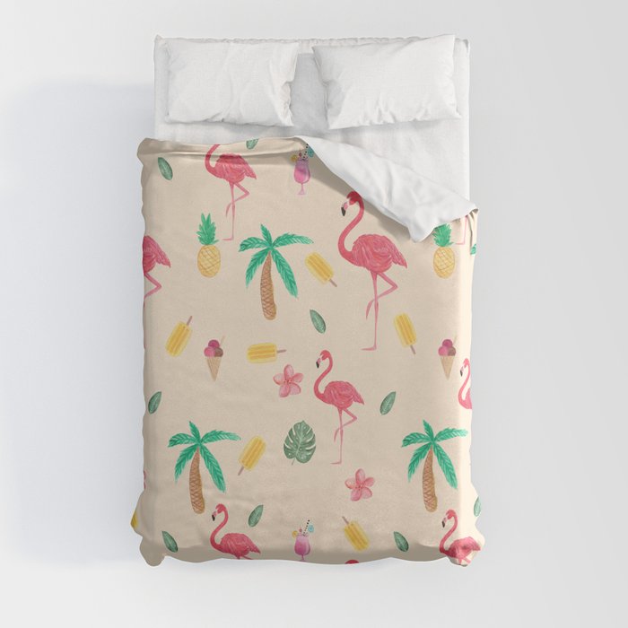 Summer pink watercolor tropical flamingo floral Duvet Cover