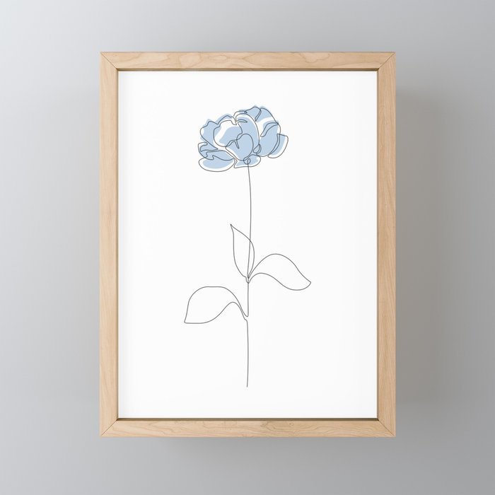 Blue Peony / single line flower contour drawing  Framed Mini Art Print