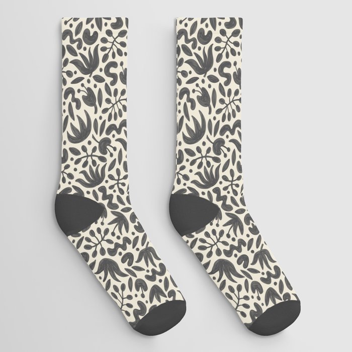 Spade Black Florals on Eggshell Background | Hand Painted Pattern Socks