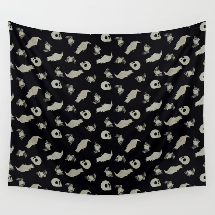 Creepy Objects - Skulls Spiders Ravens - Silver and Black Wall Tapestry