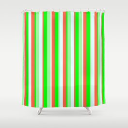 [ Thumbnail: Green, Lime, Red & Light Cyan Colored Pattern of Stripes Shower Curtain ]