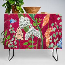 Fuchsia Pink Floral Jungle Painting Credenza