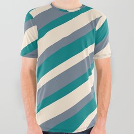 [ Thumbnail: Beige, Slate Gray, and Teal Colored Lined/Striped Pattern All Over Graphic Tee ]
