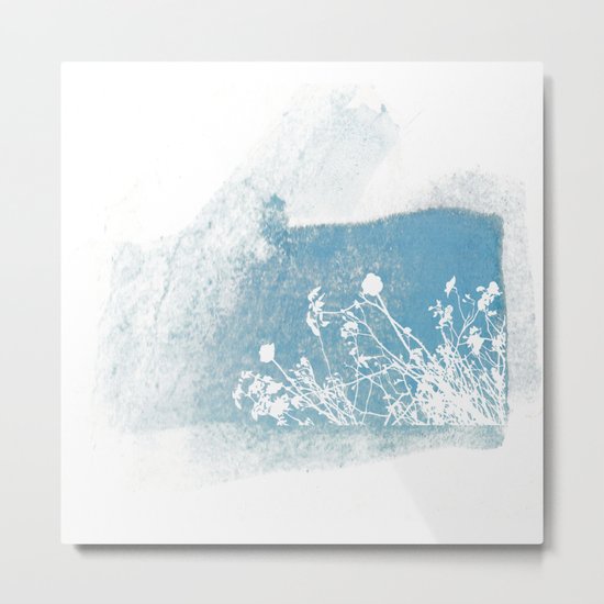Shadow of wild flowers on a blue watercolor wall Metal Print