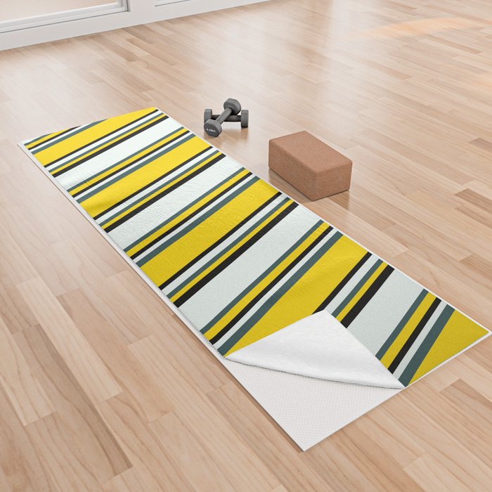Yellow, Dark Slate Gray, Mint Cream & Black Colored Stripes/Lines Pattern Yoga Towel
