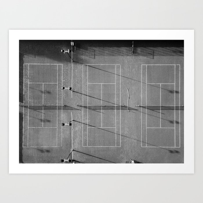 Grey tennis court at sunrise | black and white drone aerial photography art | sports field print Art Print