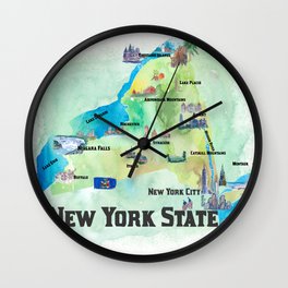 USA New York State Travel Poster Map with tourist highlights Wall Clock | Adirondack, Buffalo, Newyorkstateart, Syracuse, Ithaca, Montauk, Thousandislands, Albany, Rochester, Catskills 