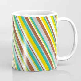 [ Thumbnail: Colorful Grey, Light Sea Green, Yellow, Light Cyan & Sienna Colored Pattern of Stripes Coffee Mug ]
