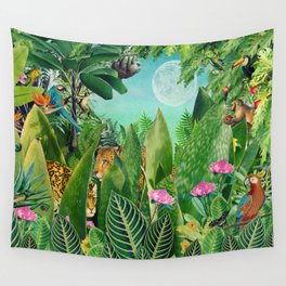 Moonrise Wall Tapestry | Tropical, Sloth, Moon, Monkey, Collage, Macaw, Digital, Jaguar, Ferns, Jungle 