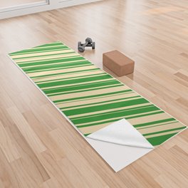 [ Thumbnail: Beige & Forest Green Colored Pattern of Stripes Yoga Towel ]