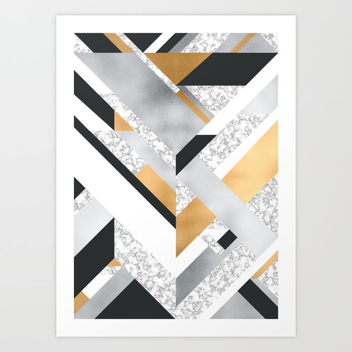 Abstract Geo Black White Gold Silver Marble Art Print By Bluebanana Society6