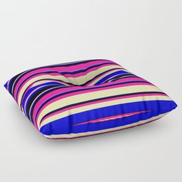 [ Thumbnail: Deep Pink, Pale Goldenrod, Blue, and Black Colored Striped/Lined Pattern Floor Pillow ]