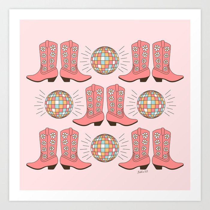 Pink Disco Cowgirl Boots Pattern Art Print