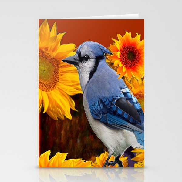 COFFEE BROWN SUNFLOWERS  & BLUE JAY Stationery Cards
