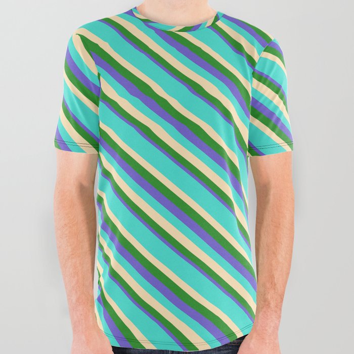 Turquoise, Beige, Forest Green, and Slate Blue Colored Lines/Stripes Pattern All Over Graphic Tee