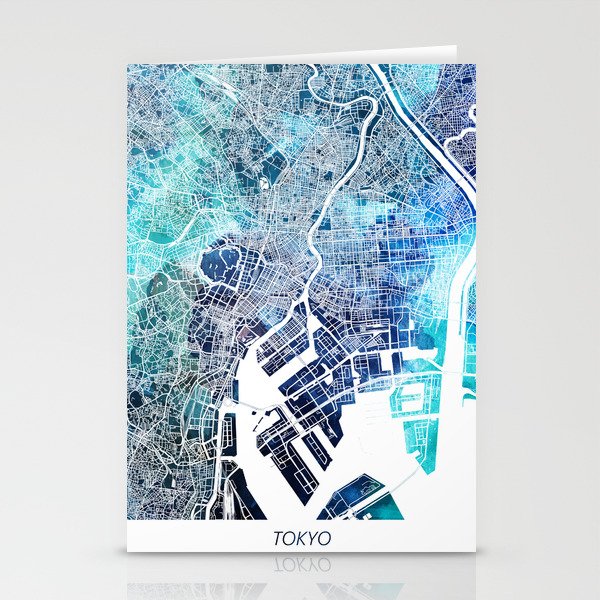 Tokyo Japan Map Navy Blue Turquoise Watercolor Stationery Cards